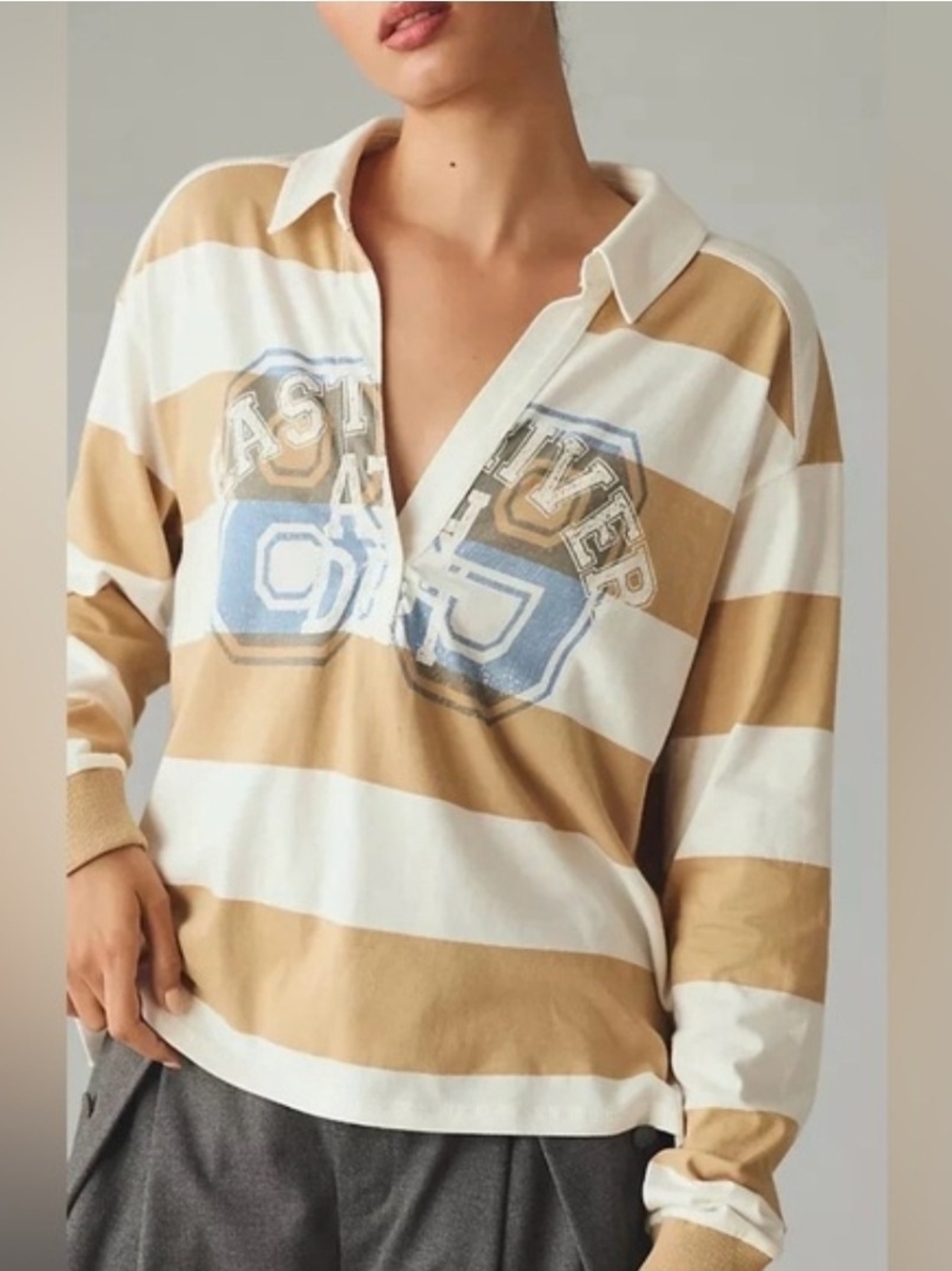 Pilcro Striped Rugby Polo in Cream and Tan with Blue Graphic